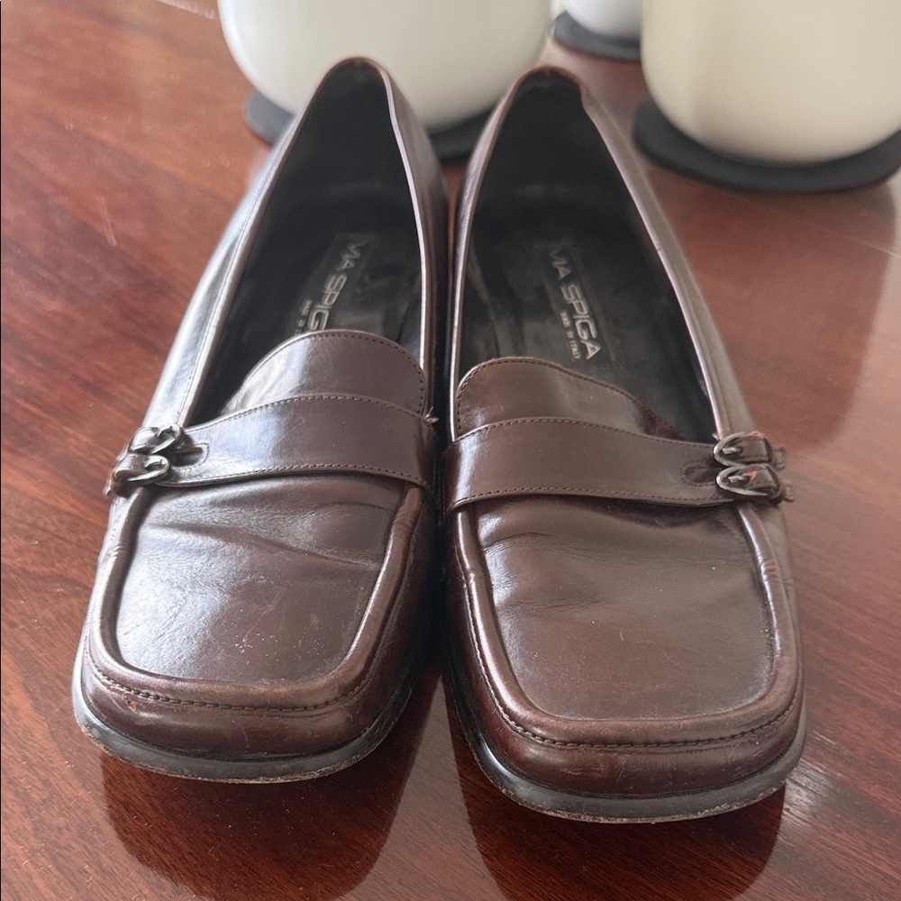 Via Spiga Brown Leather Bit-Trim Slip-On Loafers - Picture 2 of 7